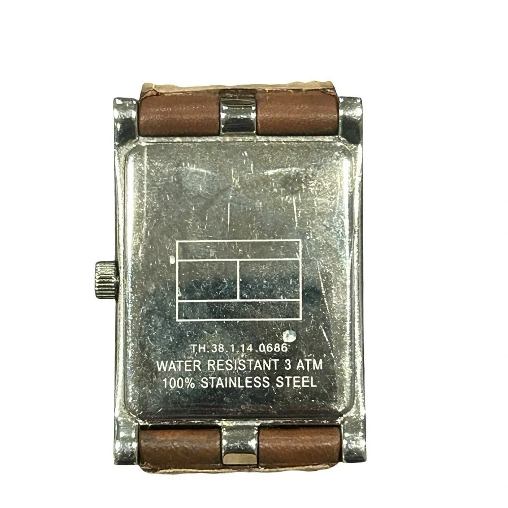 Tommy Hilfiger Watch Mens Silver Stainless Steel Date Watch Brown Leather Strap